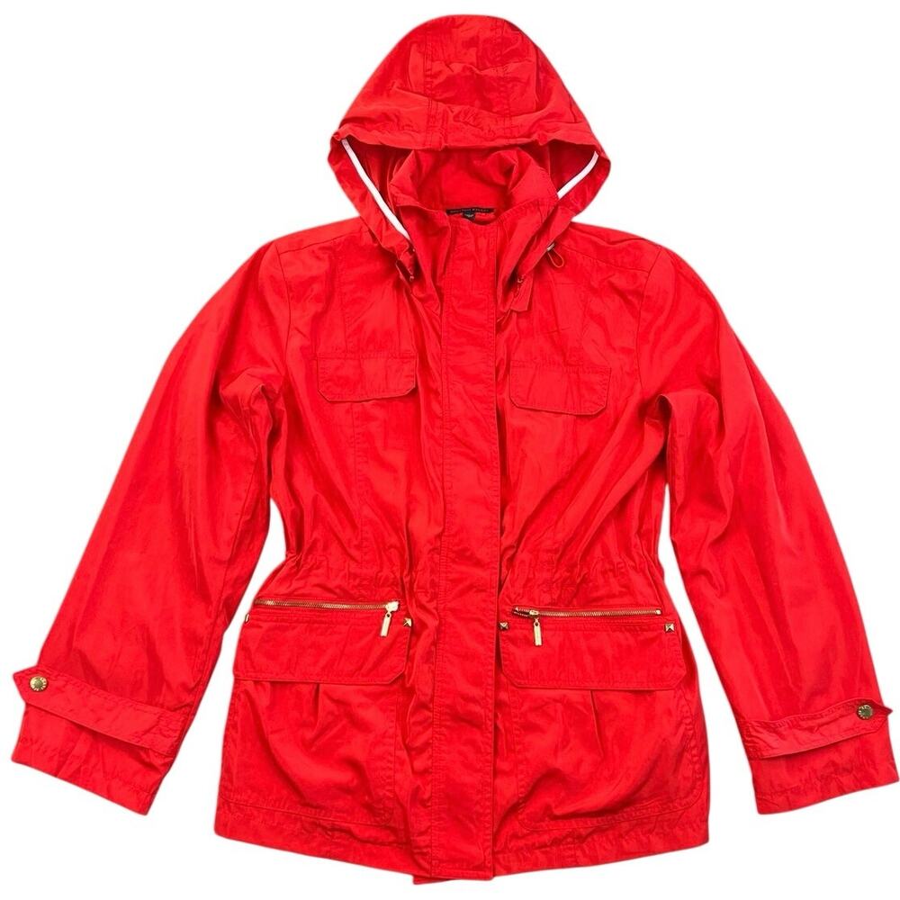 British Khaki Red Hooded Utility Field Jacket Removable Hood Lightweight - M